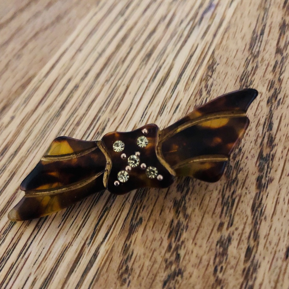 Vintage Brooch - Tortoise Shell Rhinestone Bow, 1950’s - Picture 3 of 8